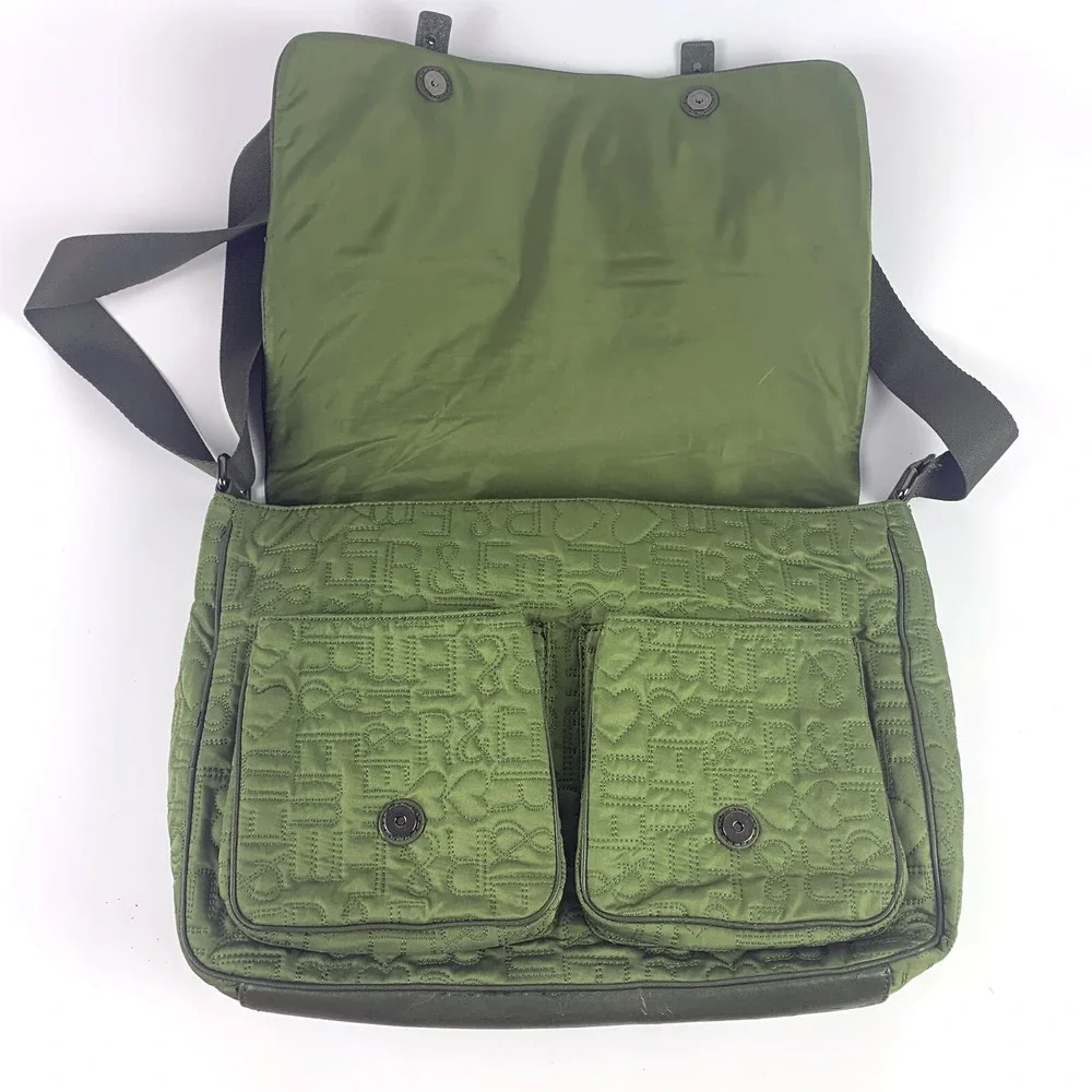 R & Em Green Quilted Messenger‎ Bag Studded Trim School Computer Sling SEE/READ